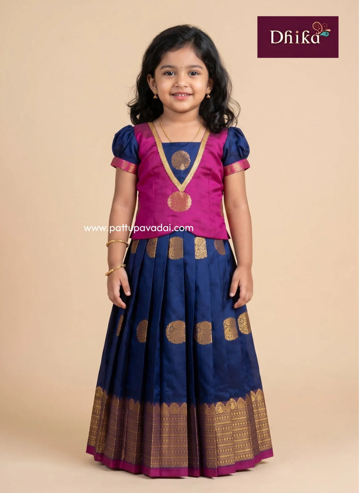 navy blue and pink soft silk pavadai for girls front view