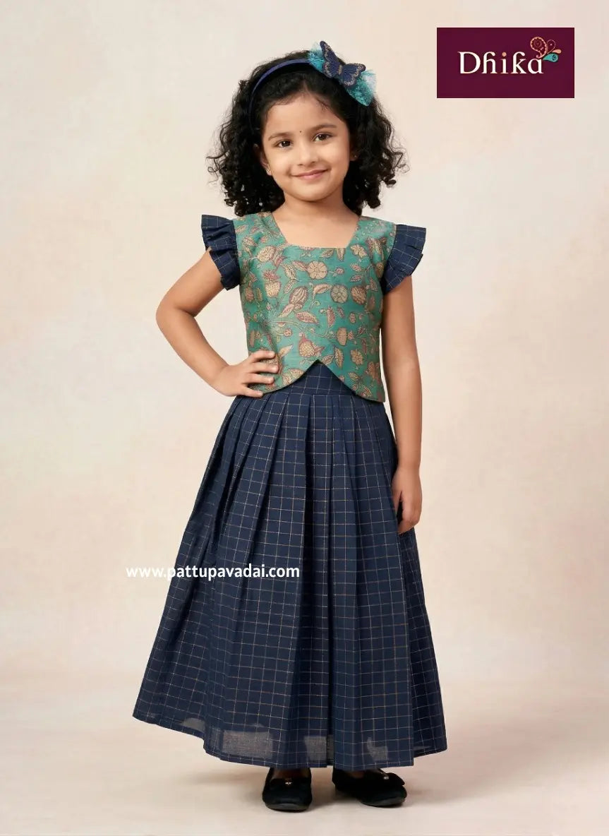 navy blue raw silk pavadai sattai for girls traditional wear