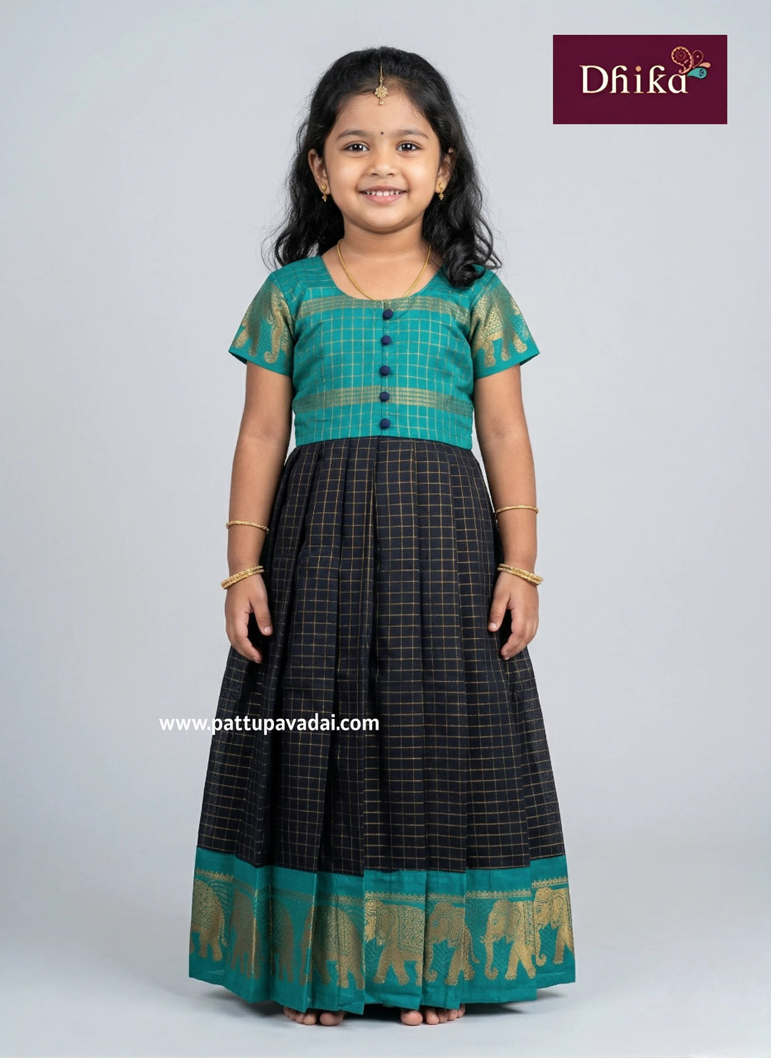 Navy blue and rama blue checked cotton long gown for girls traditional pattu pavadai style dress with zari border