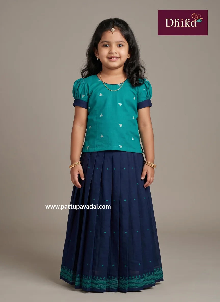 navy blue and sky blue cotton pavadai sattai for girls