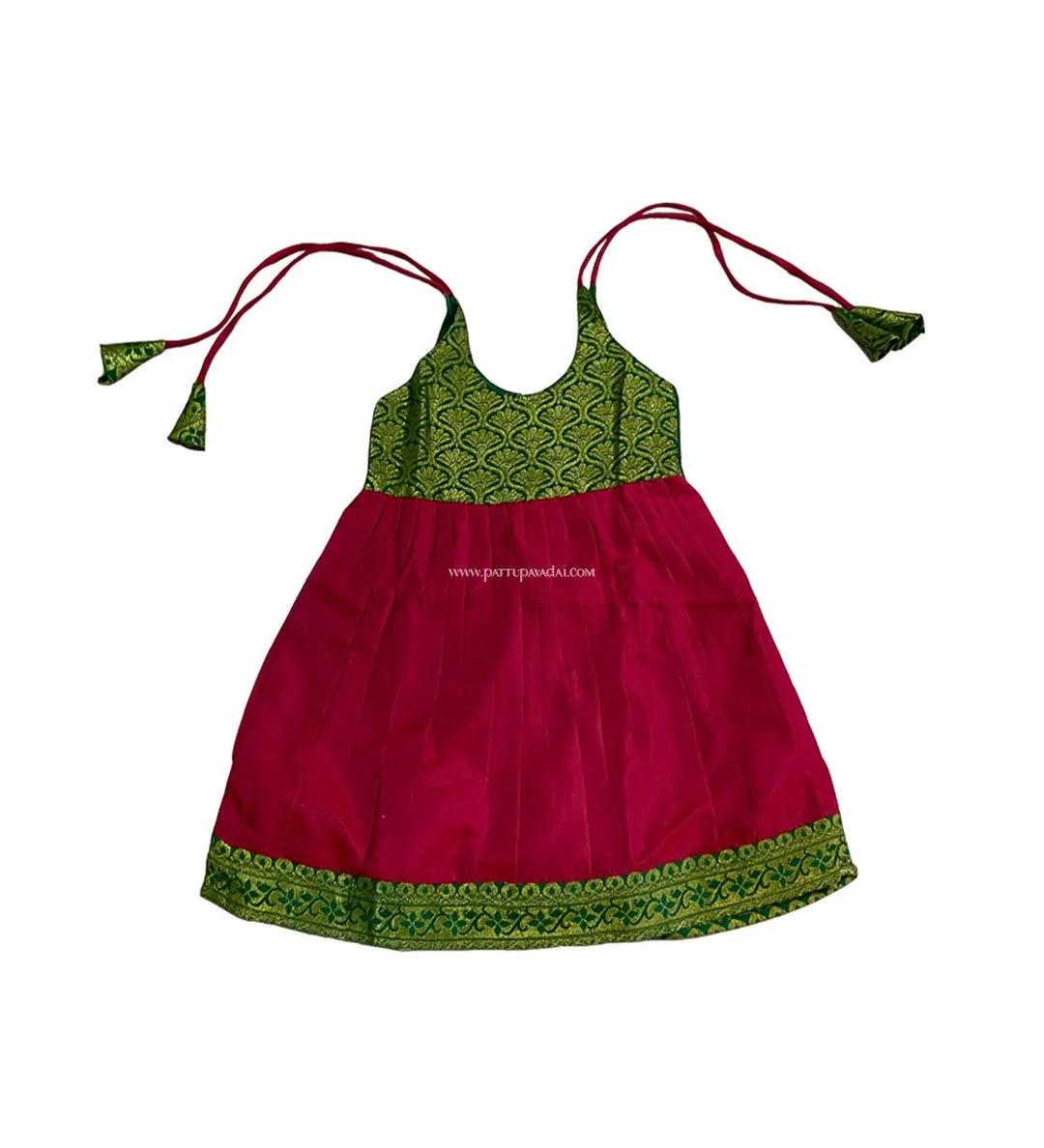 New Born Red and Green Silk Frock - Pattupavadai.com