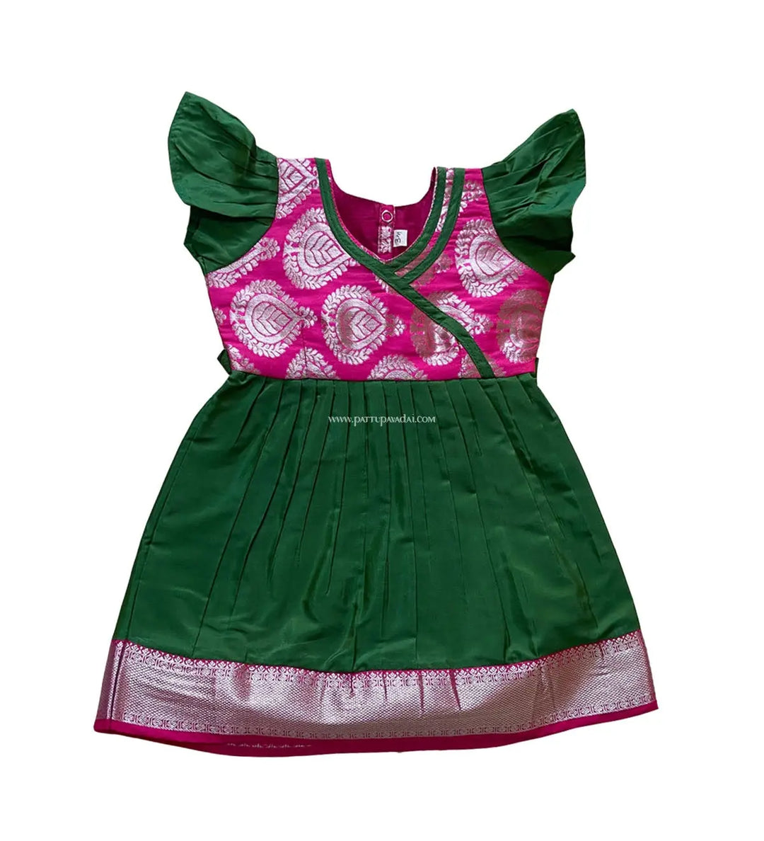 New Born Silk Frock Green and Pink - Pattupavadai.com