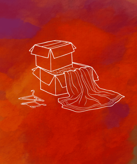 Outline of boxes, a hanger, and fabric on a red and orange watercolor background
