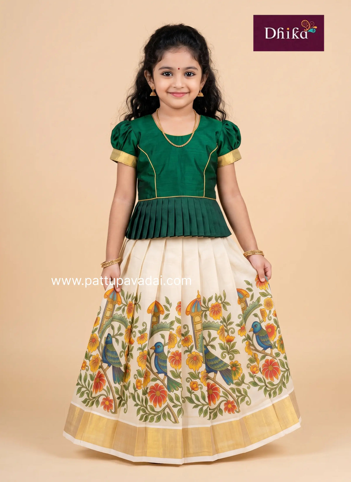 dark green sandal onam pattu pavadai for girls