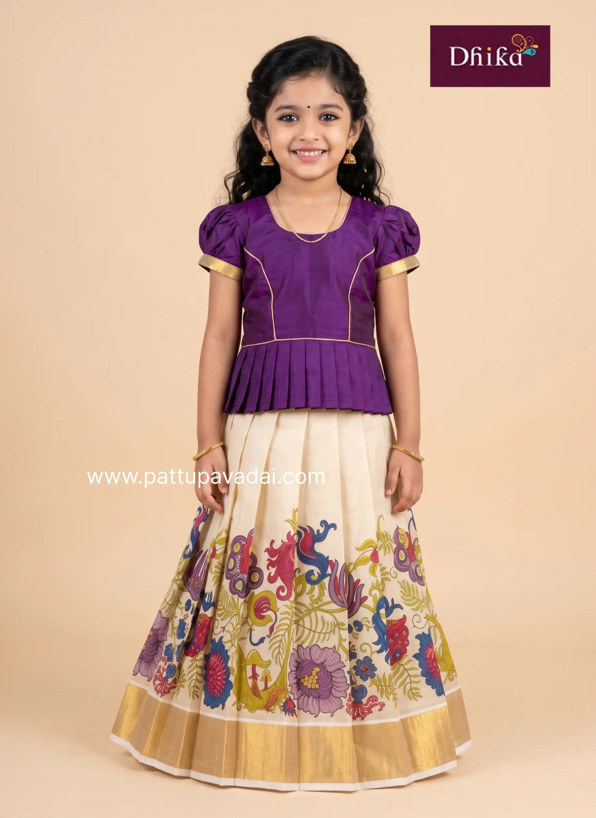 violet sandal onam pattu pavadai for girls