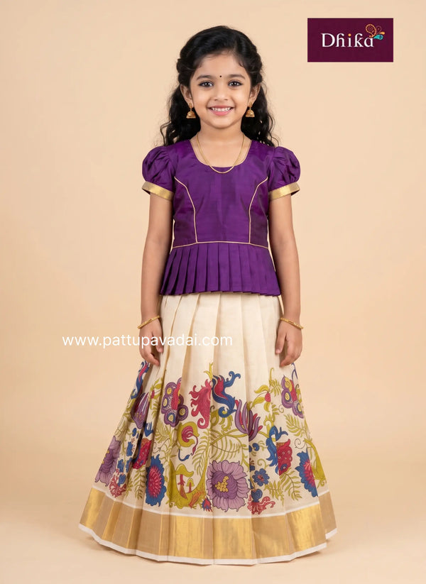 violet sandal onam pattu pavadai for girls