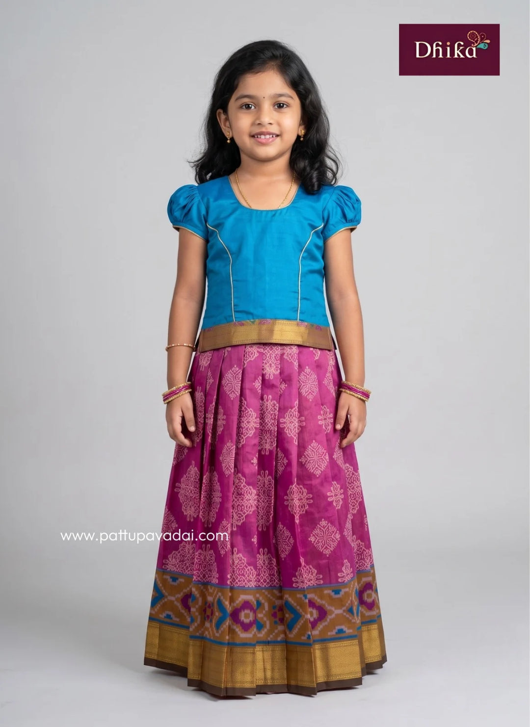 onion pink and blue cotton pattu pavadai for girls front view