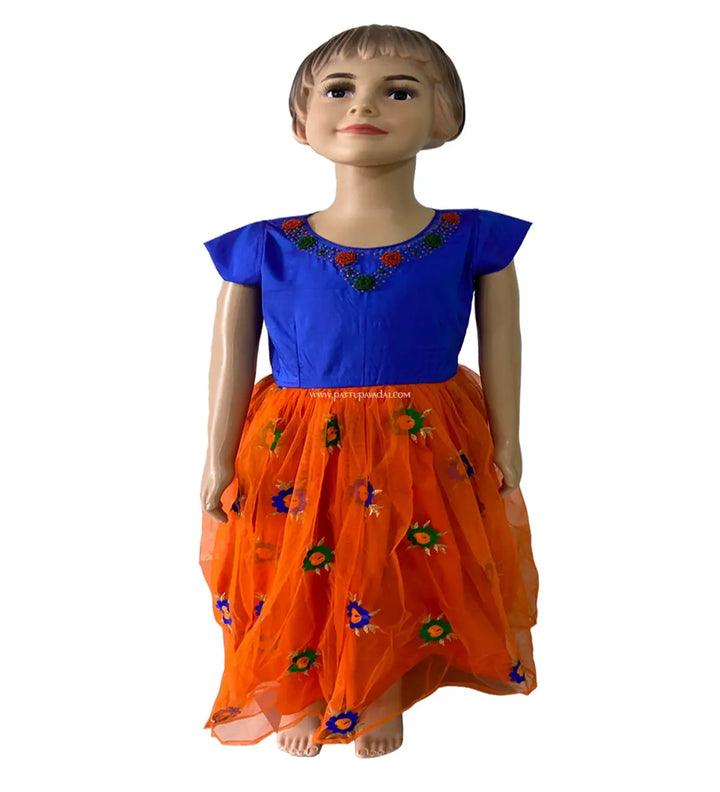 Orange and Blue Netted Frock - Pattupavadai.com