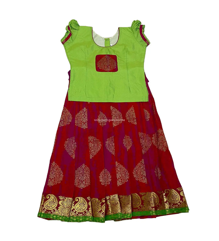 Orange and Parrot Green Skirt and Blouse - Pattupavadai.com