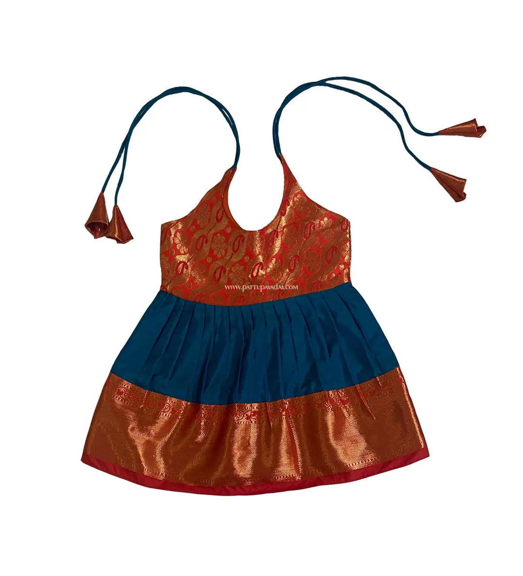 Orange and Peacock Blue Silk Frock - Pattupavadai.com