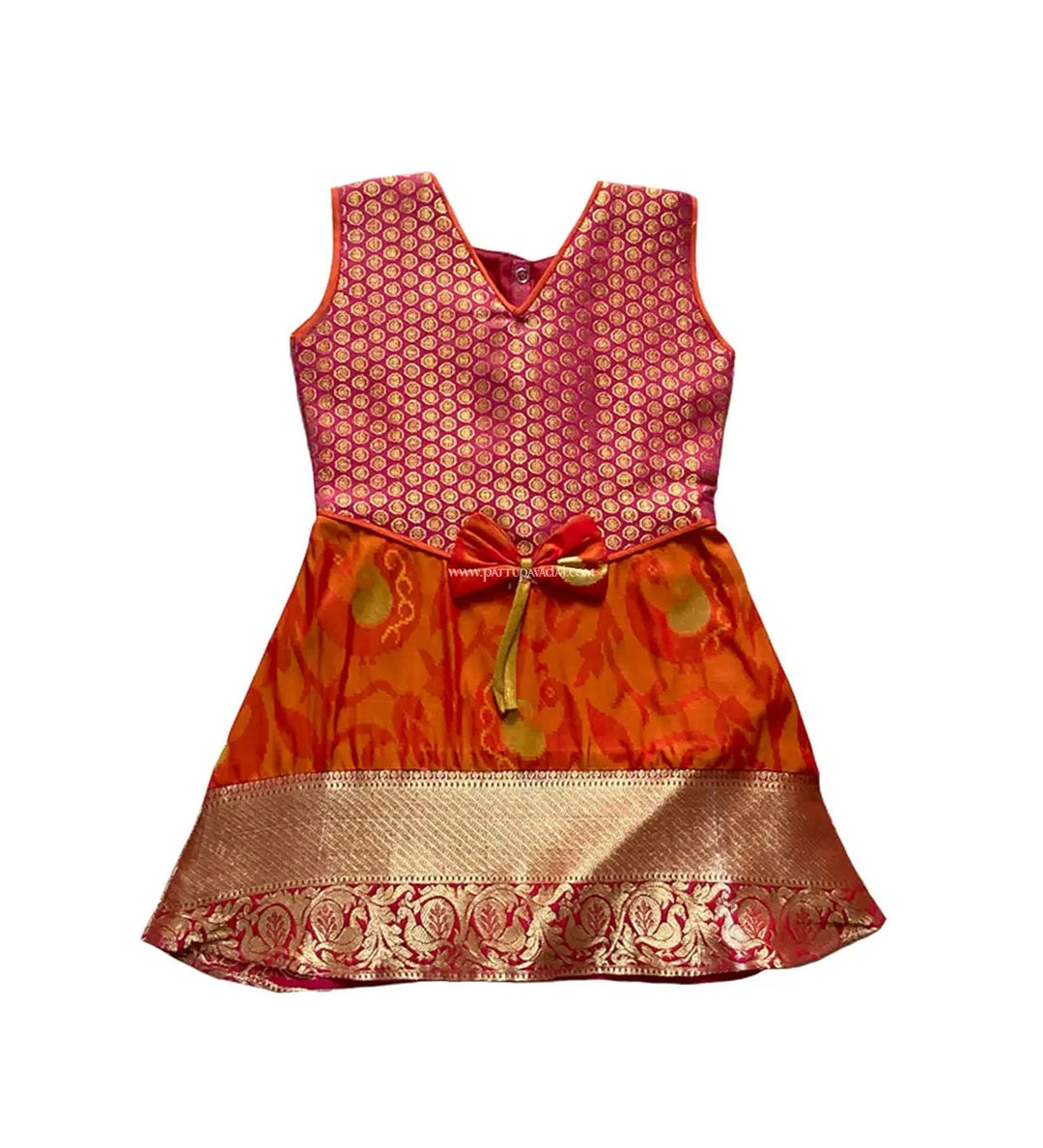 Orange and Pink Silk Frock - Pattupavadai.com