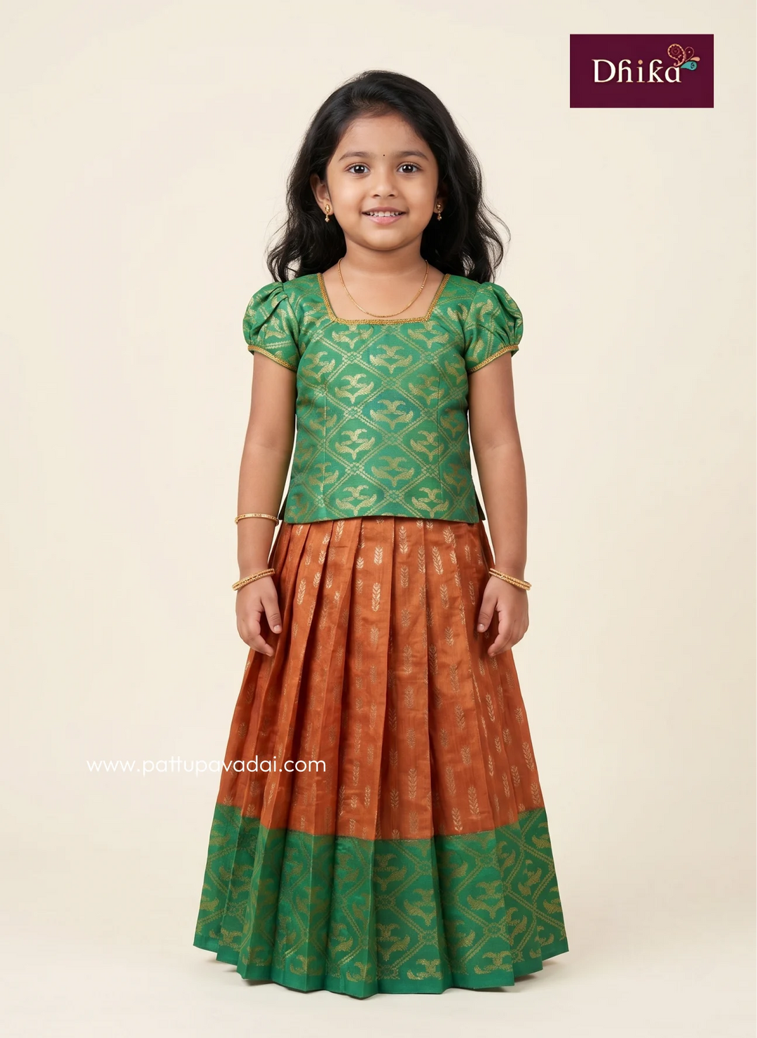 orange and green banarasi skirt for girls traditional festive wear