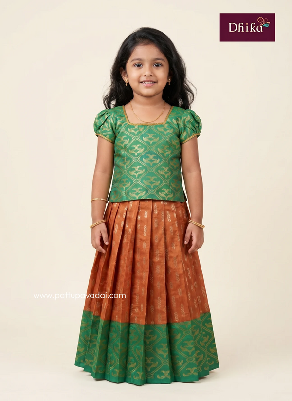 orange and green banarasi skirt for girls traditional festive wear