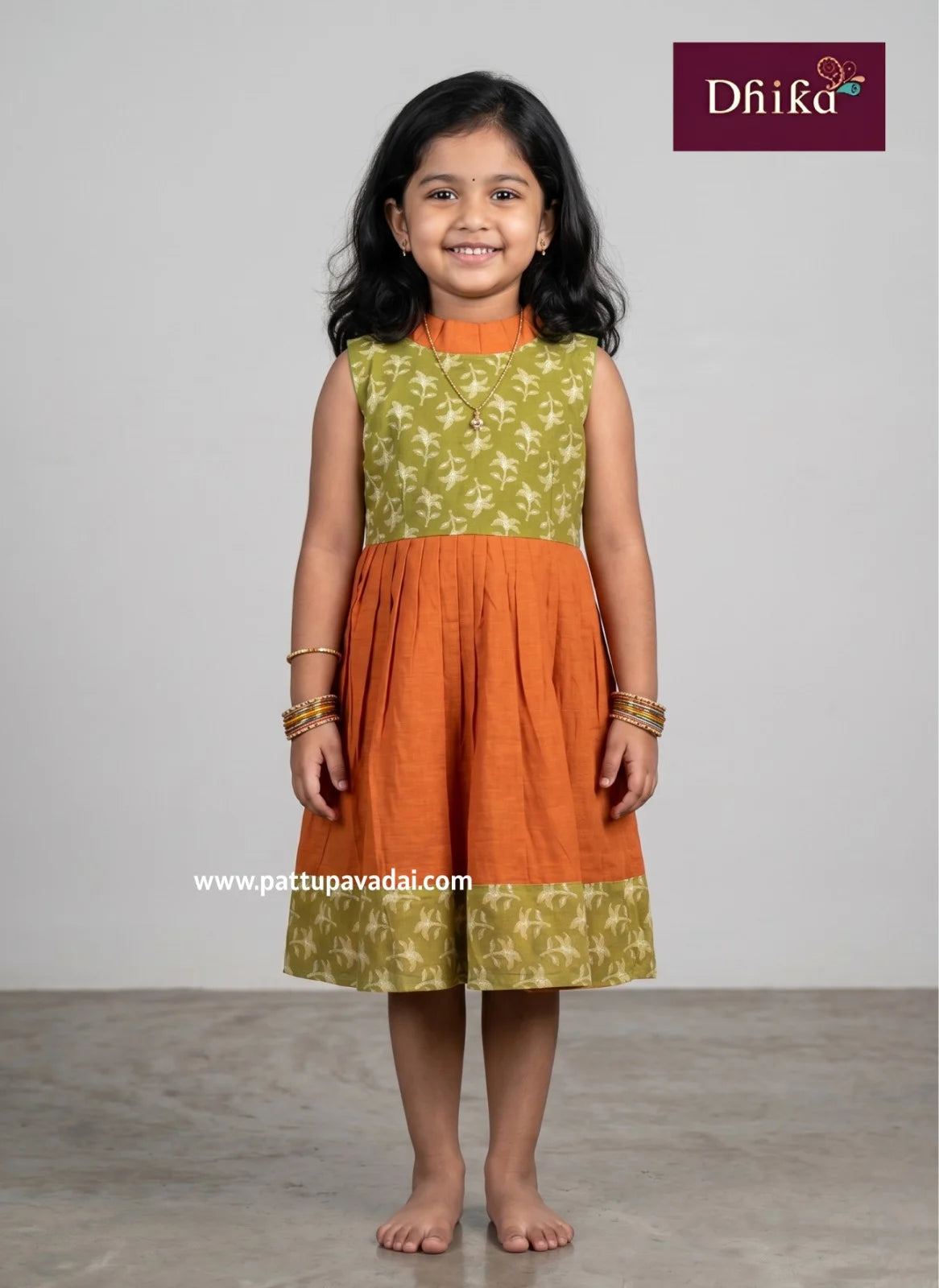 orange and green cotton frock for girls kids dress