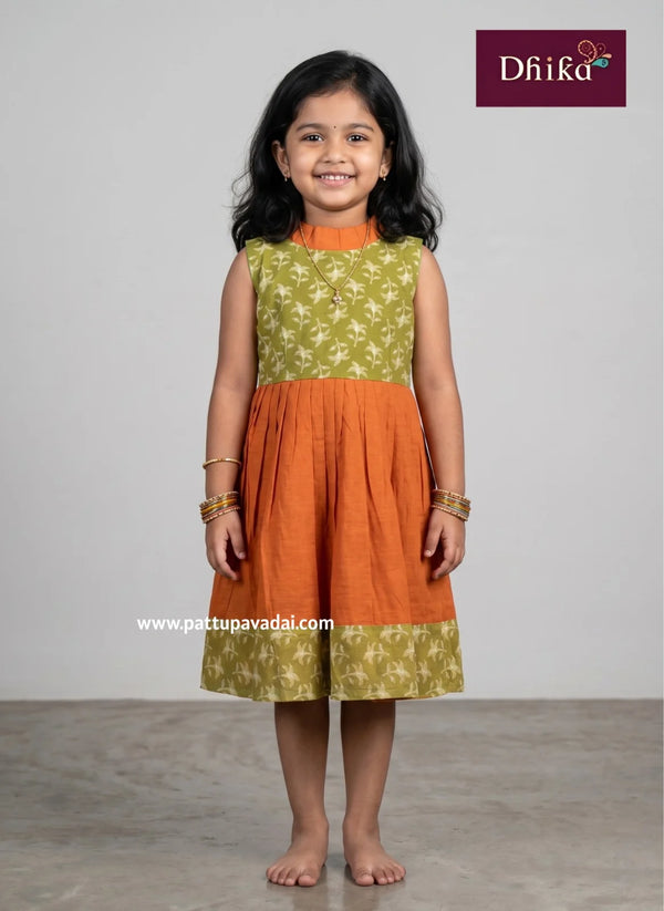 orange and green cotton frock for girls kids dress