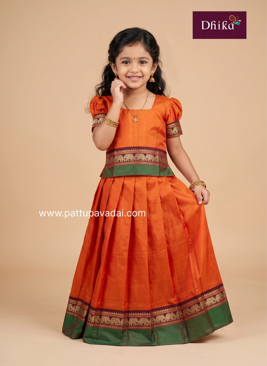 orange and green soft cotton pattu pavadai for girls