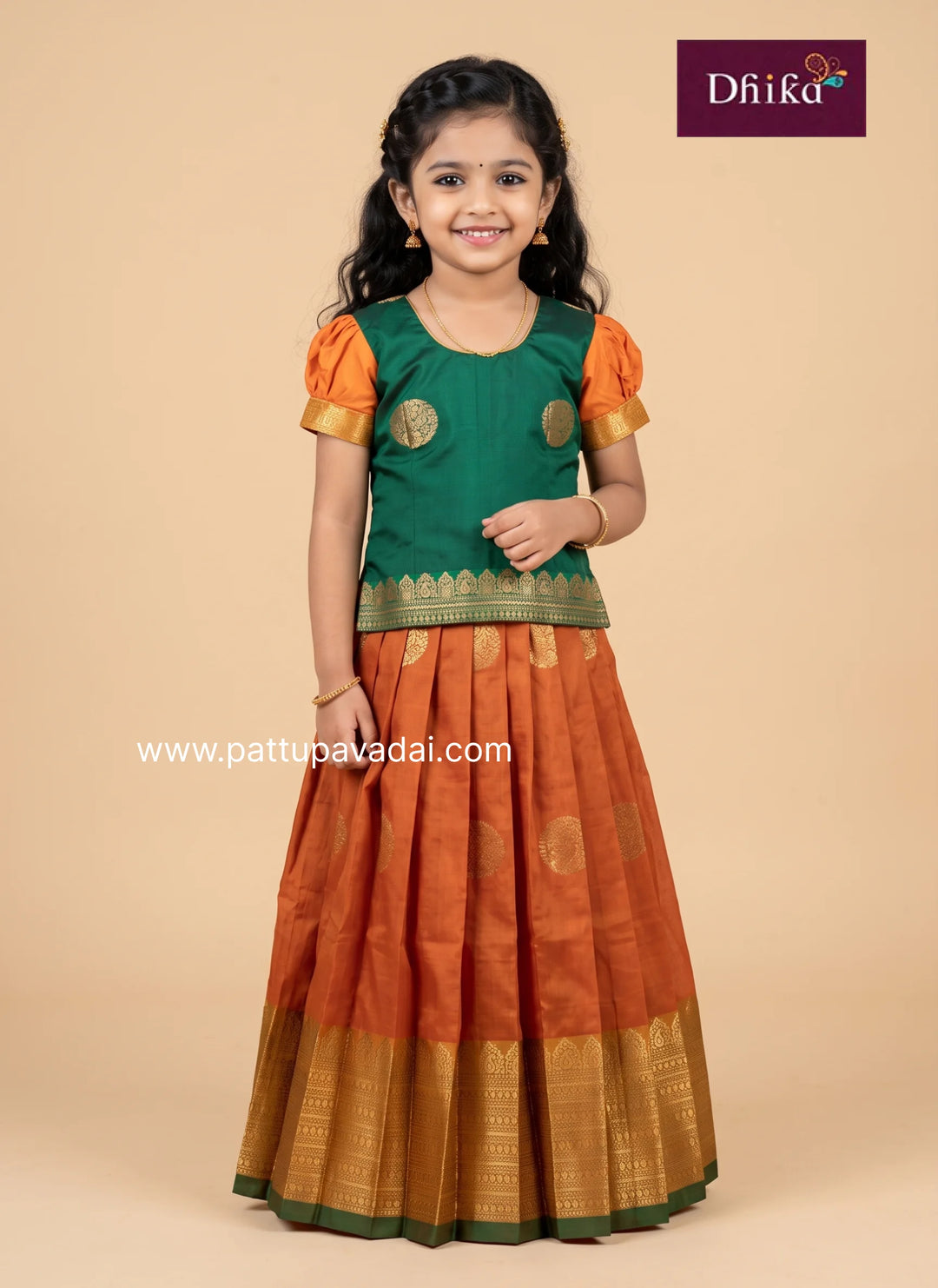 orange and green soft silk pavadai for girls