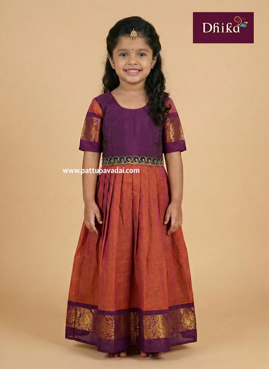 orange and magenta chettinad cotton long gown for girls