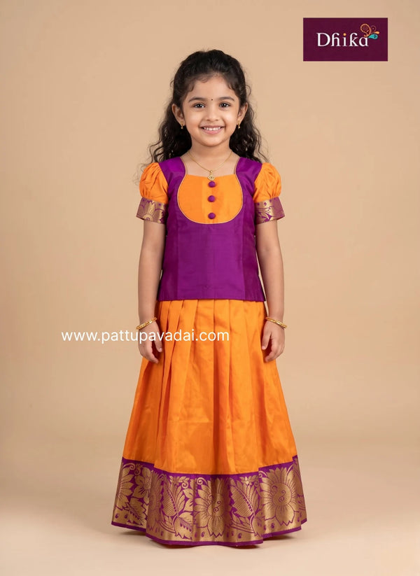 kids orange magenta pattu pavadai traditional outfit
