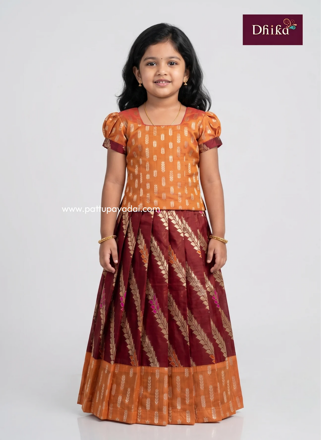 orange and maroon Banarasi pavadai for girls front view