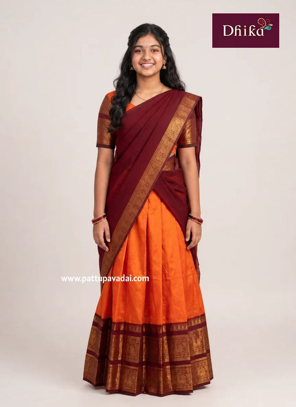 orange and maroon kanchi cotton half saree traditional wear