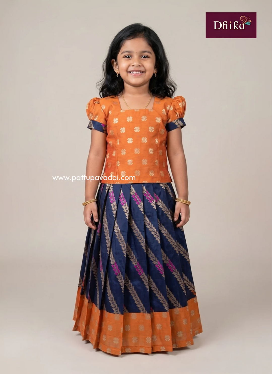 orange and navy blue Banarasi pavadai for girls
