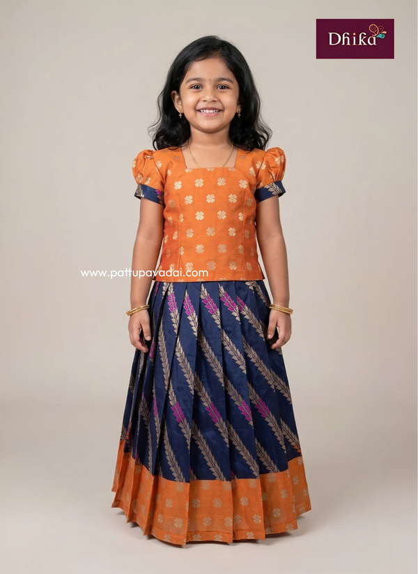 orange and navy blue Banarasi pavadai for girls