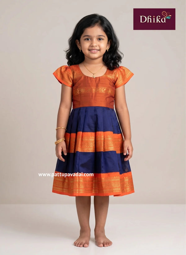 orange and navy cotton frock for girls kids dress