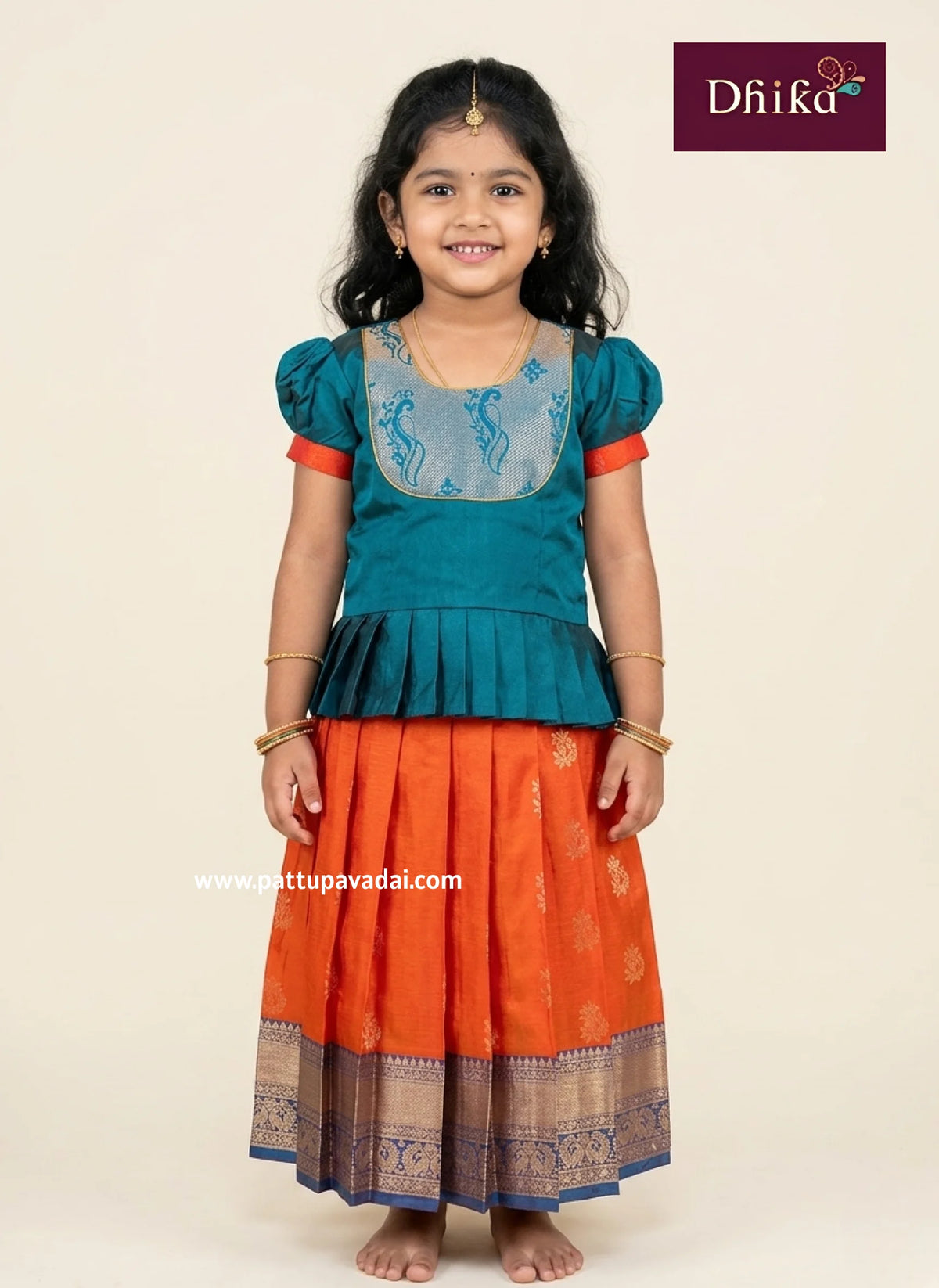 Orange and peacock blue Mangalagiri pavadai sattai for kids traditional festive outfit