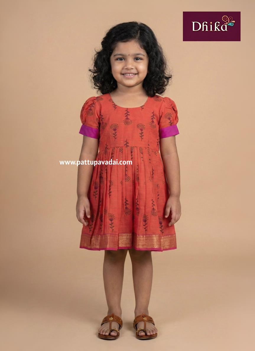 orange printed cotton frock for girls kids dress