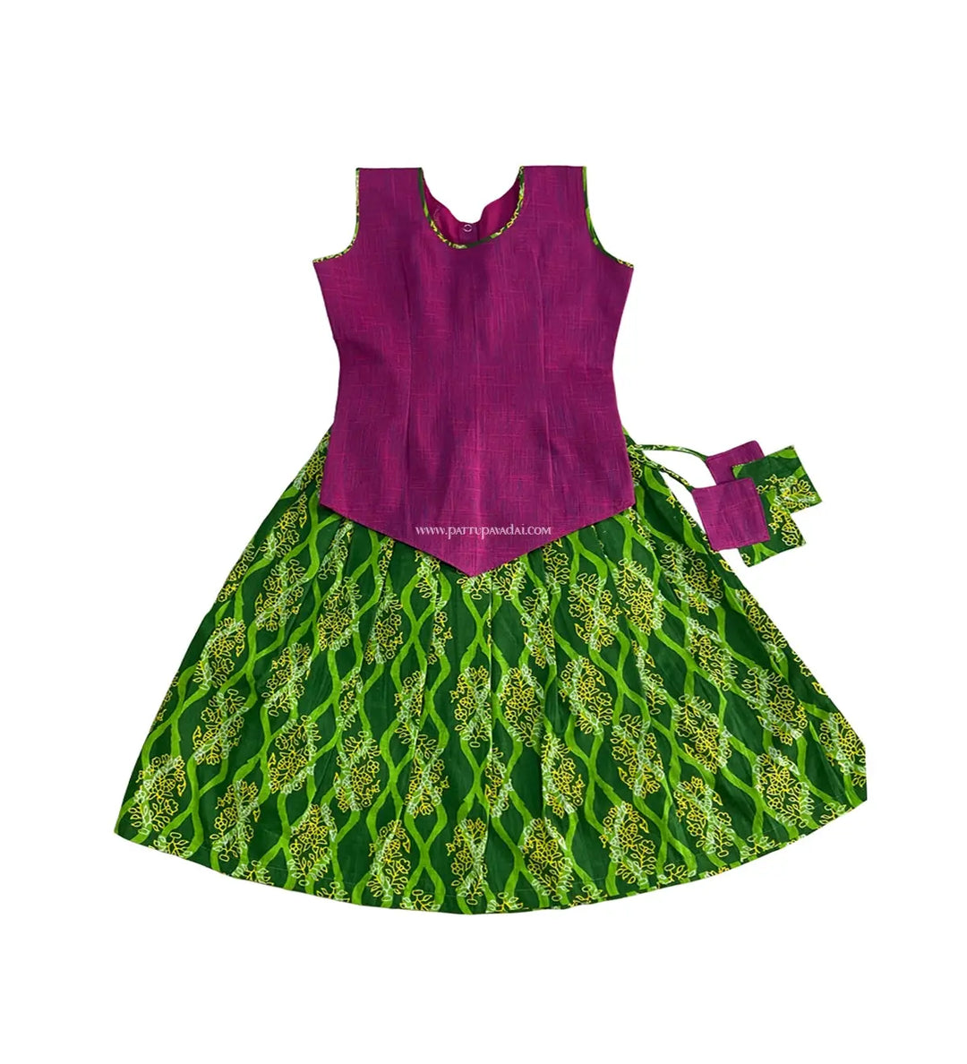 Parrot Green and Magenta Cotton Pavadai Set - Pattupavadai.com