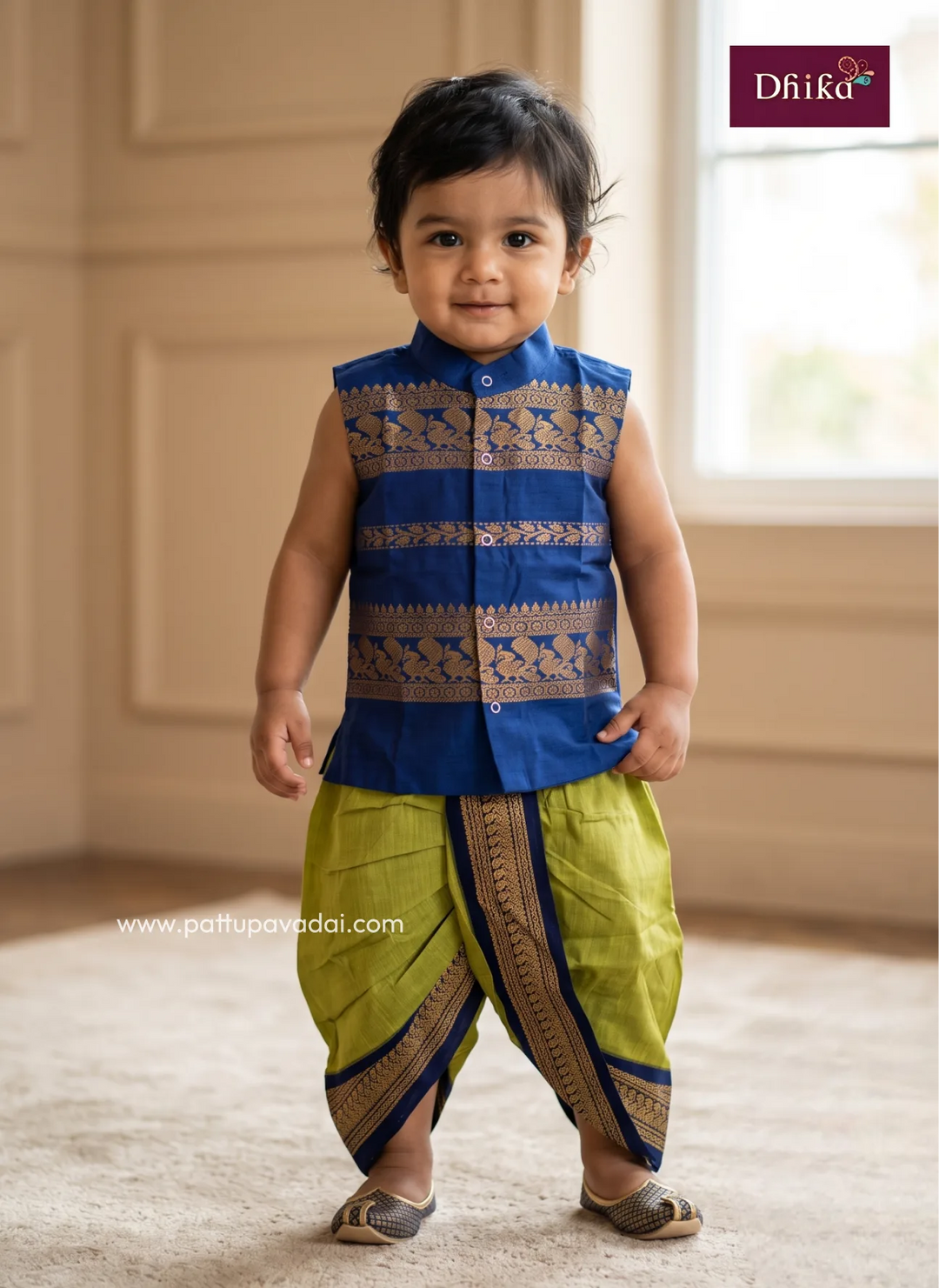 parrot green and blue ethnic kurta set for boys front view