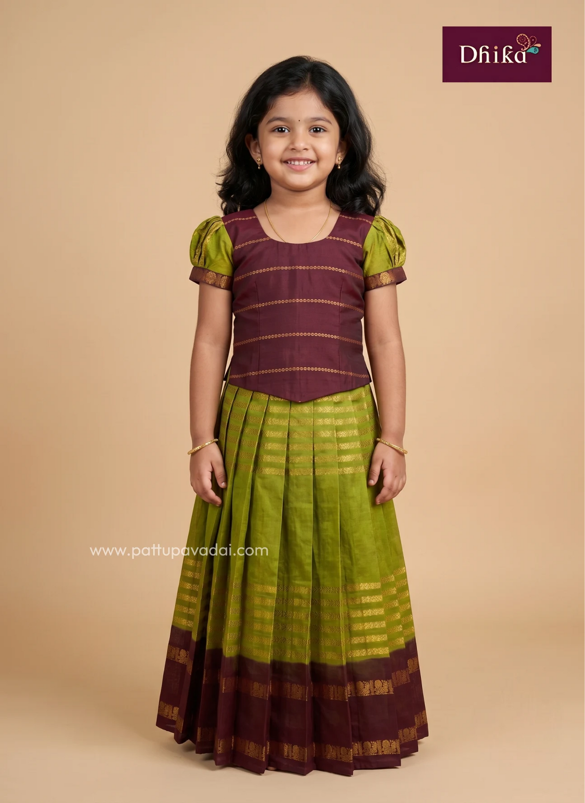 parrot green and brown cotton pavadai for girls