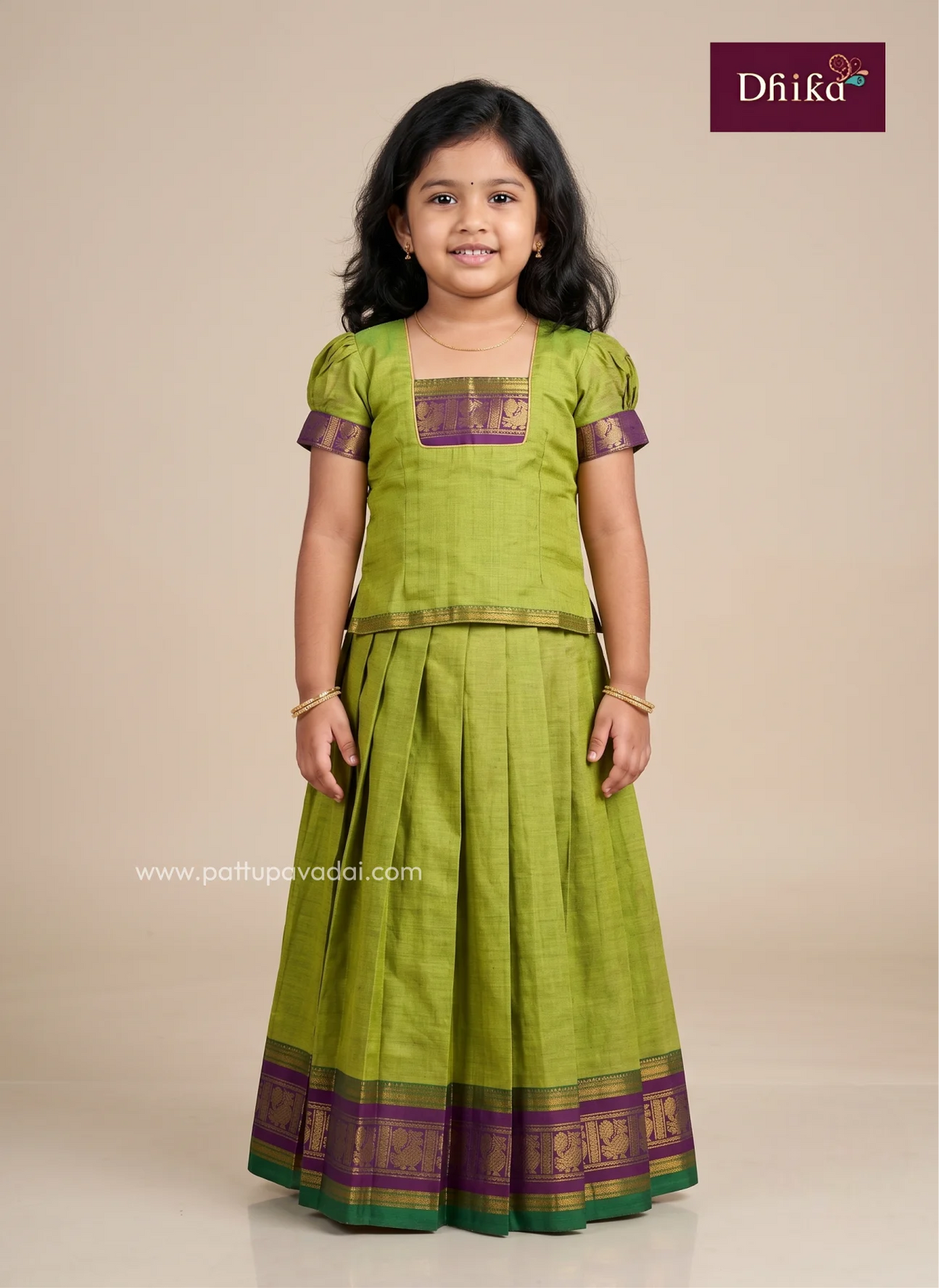 parrot green pure cotton pattu pavadai for girls