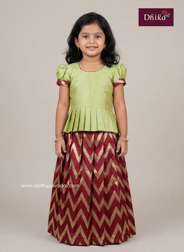 pastel green and maroon pattu pavadai for girls traditional wear