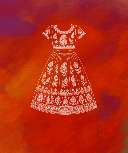 White dress with intricate patterns on a red and orange watercolor background