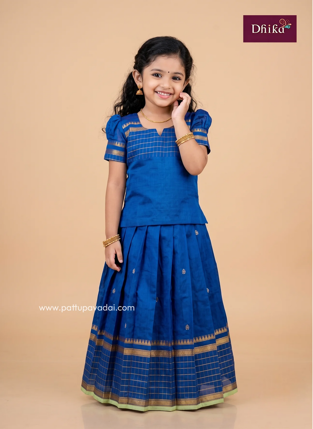 peacock blue and green Chettinad cotton pavadai sattai for girls front view