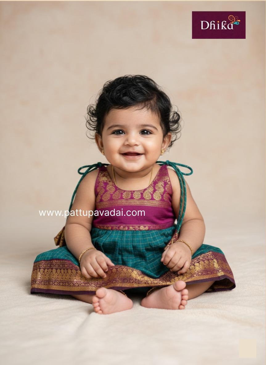 Peacock blue and maroon cotton baby frock ethnic festive dress for girls with gold border
