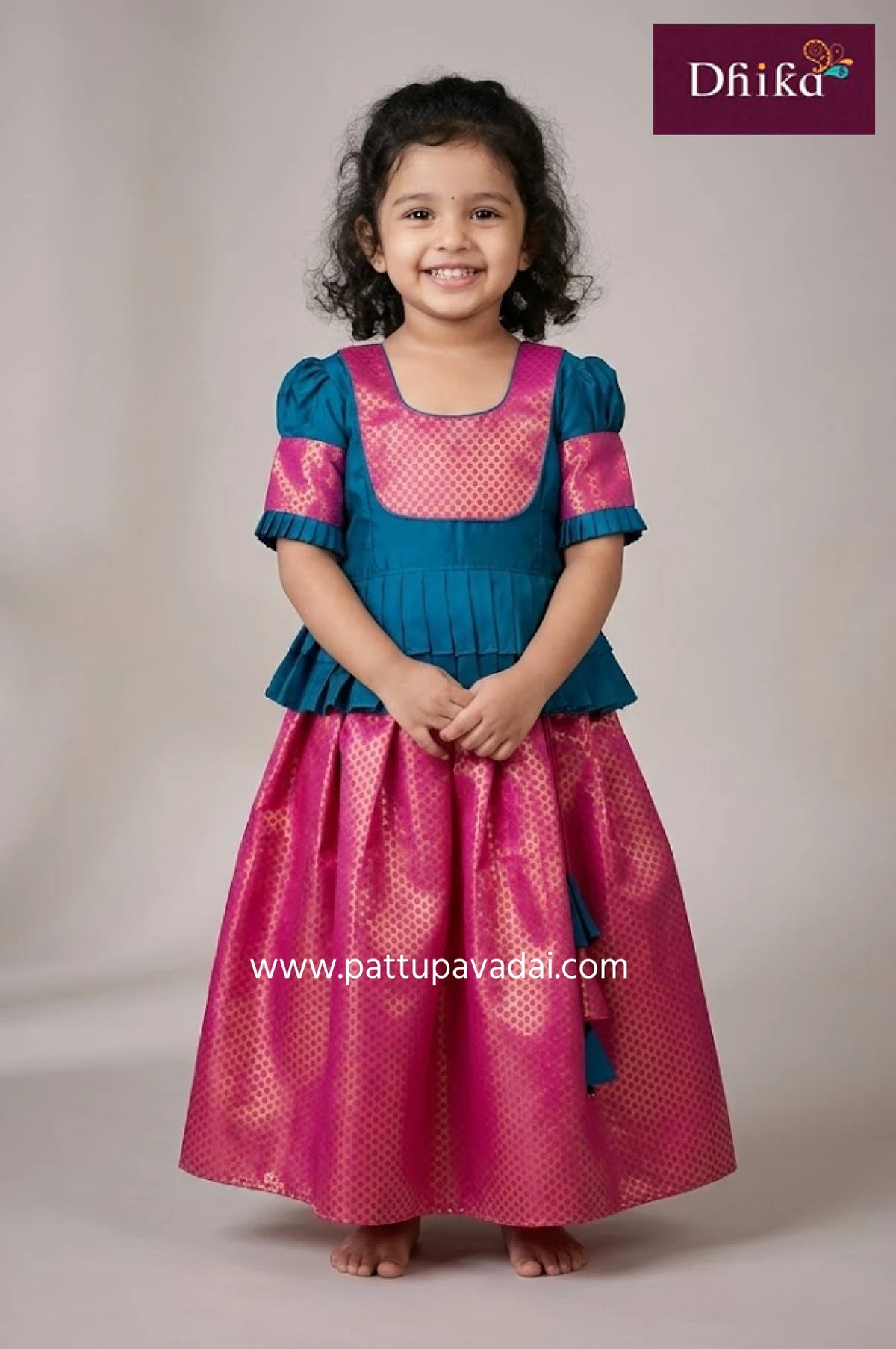 peacock blue and pink pavadai sattai pattu pavadai set for kids festive wear