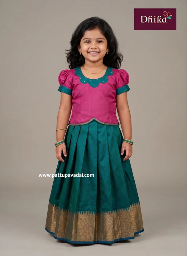 peacock blue pink soft silk pavadai for girls traditional dress