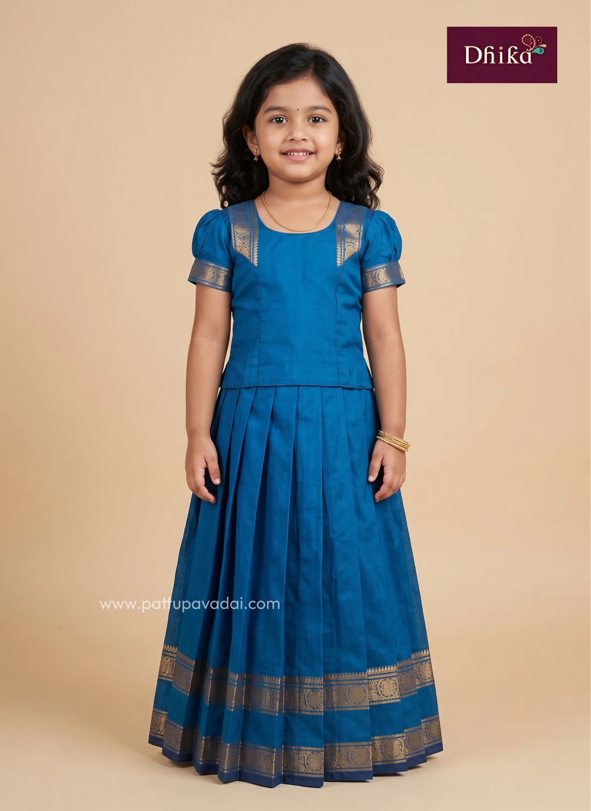 peacock blue pure Chettinad cotton pattu pavadai for girls