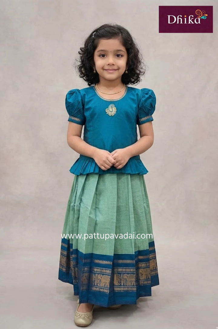 peacock blue pure chettinad cotton pavadai sattai for kids traditional festive wear