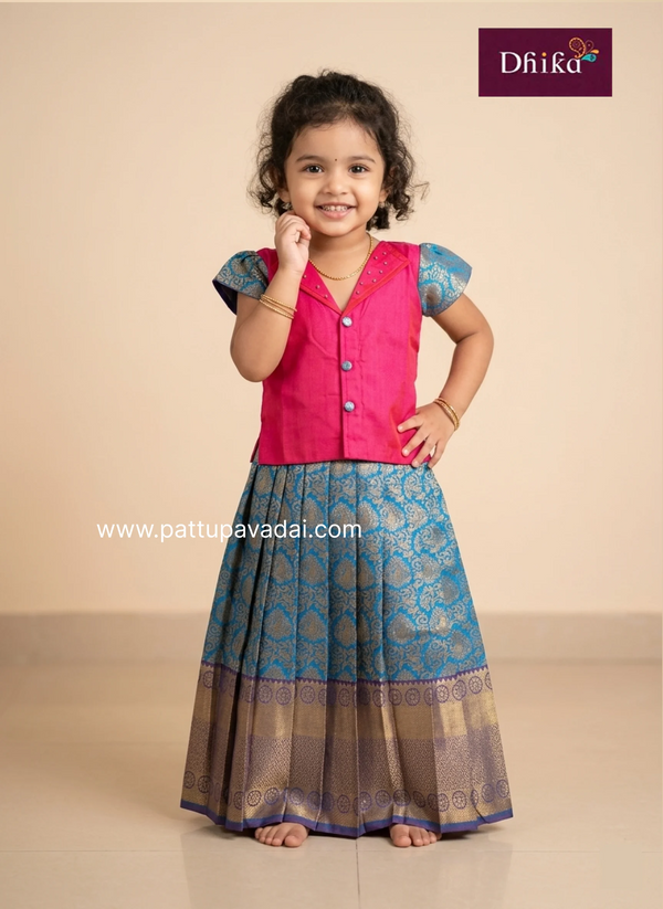pink and blue pure silk pattu pavadai for girls traditional dress