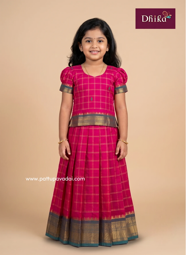 pink-green-checked-pure-cotton-pavadai-sattai-for-girls