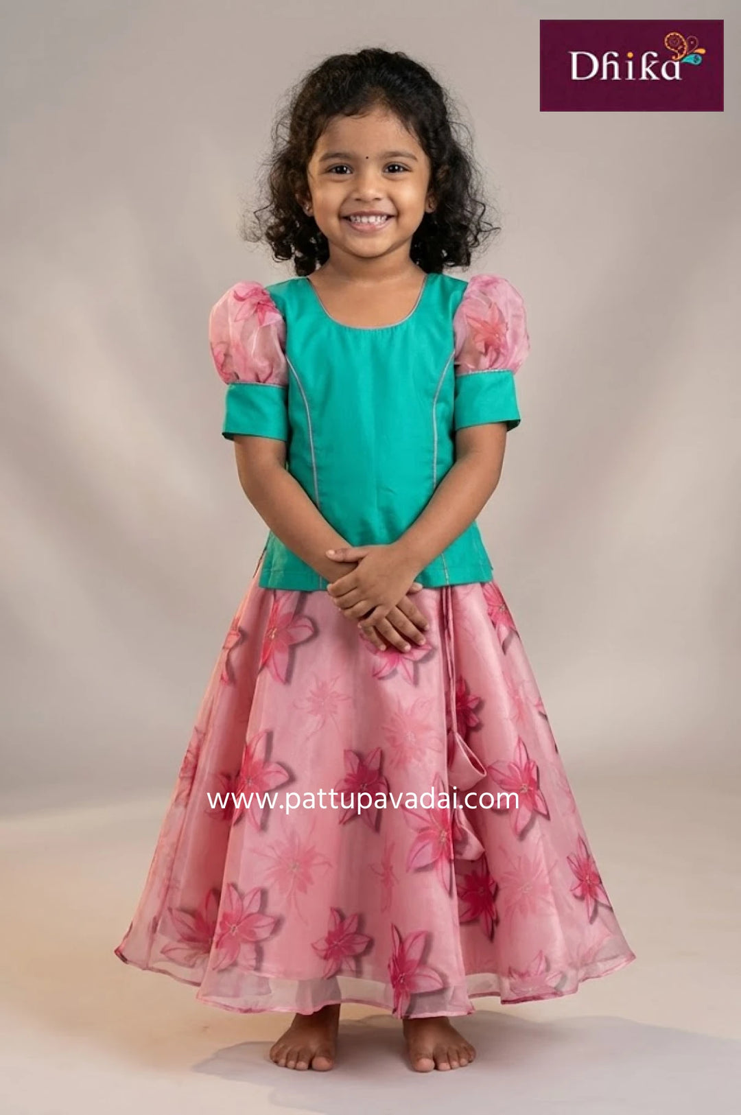 pink organza umbrella cut skirt with green silk cotton blouse long puff sleeves and soft lining for kids