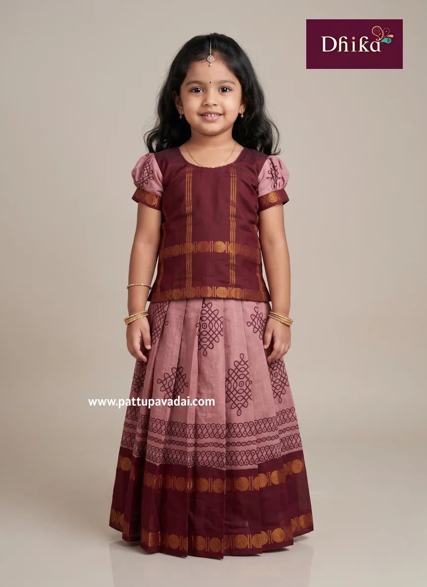 pink and maroon cotton pavadai for girls traditional wear