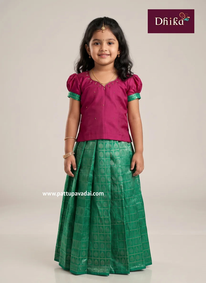 pink rama green banarasi pattu pavadai set for girls