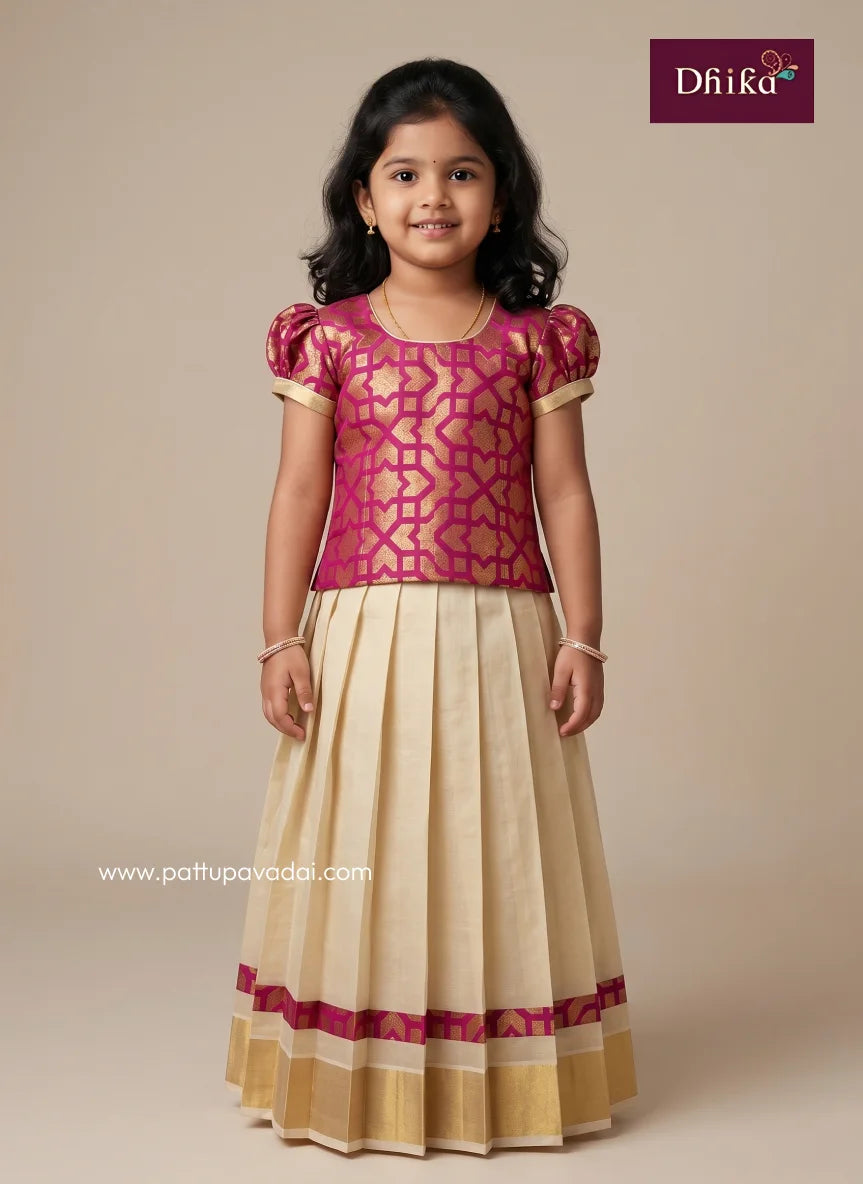 pink and sandal onam pattu pavadai traditional festive wear for girls
