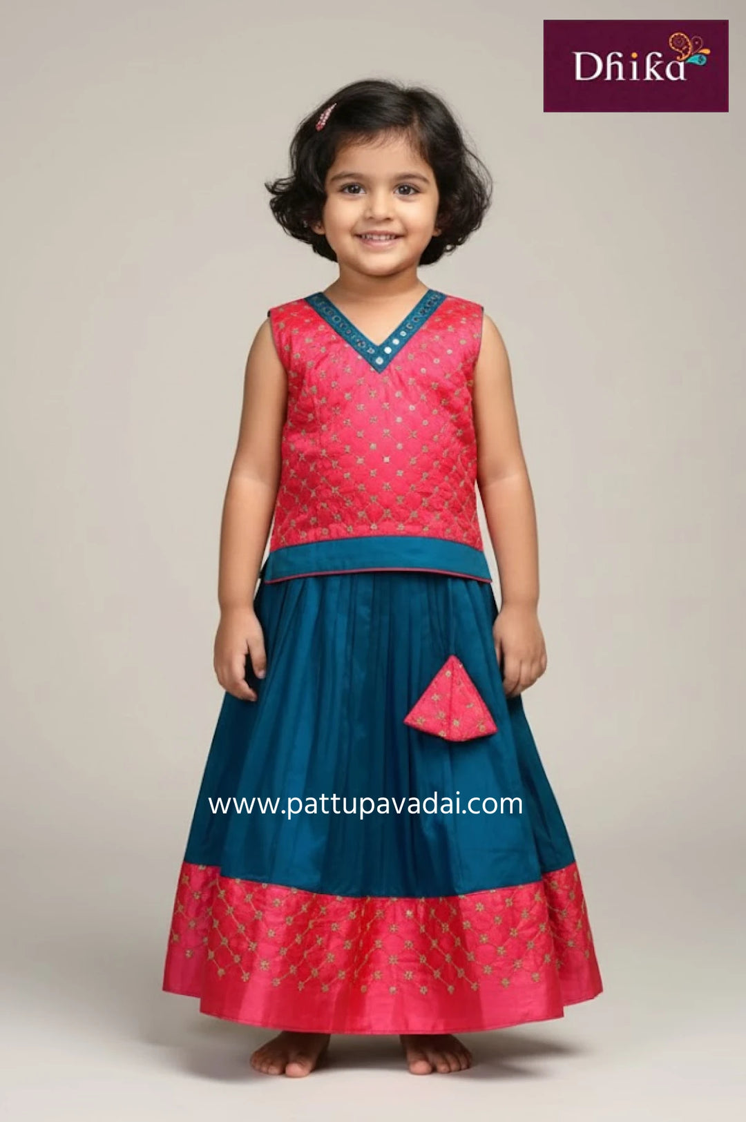 pink sequins top and peacock blue skirt kids pattu pavadai set with soft cotton lining