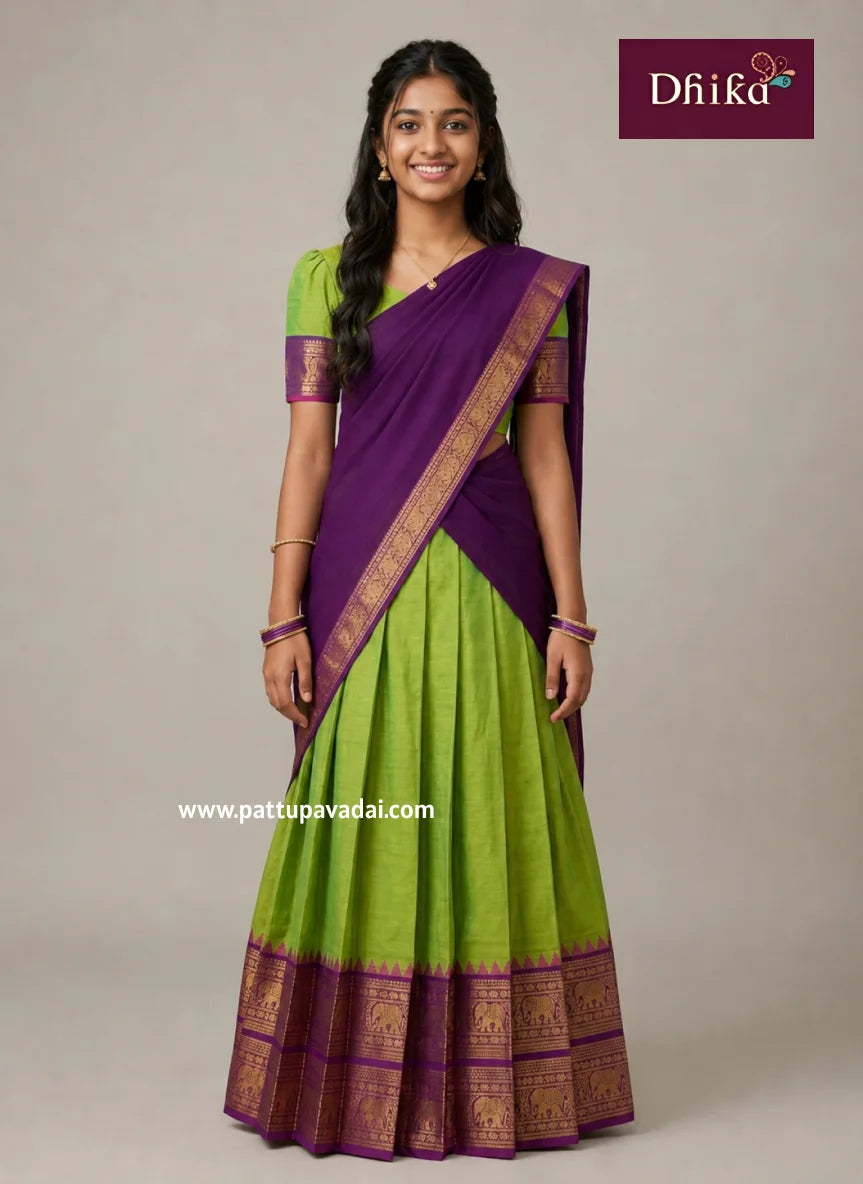 pista green and violet kanchi cotton half saree traditional wear